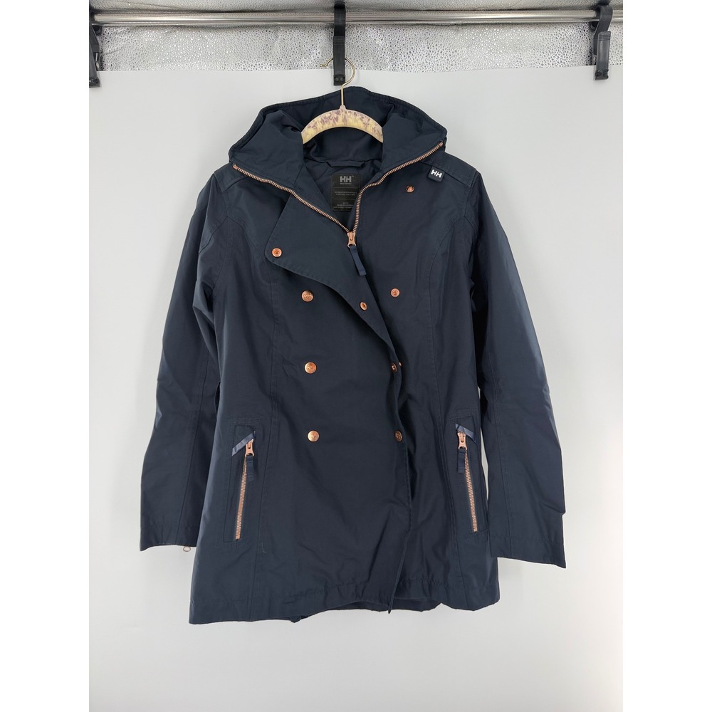 Helly Hansen Women Navy Blue Double Breasted Hooded Raincoat Rose Gold XS